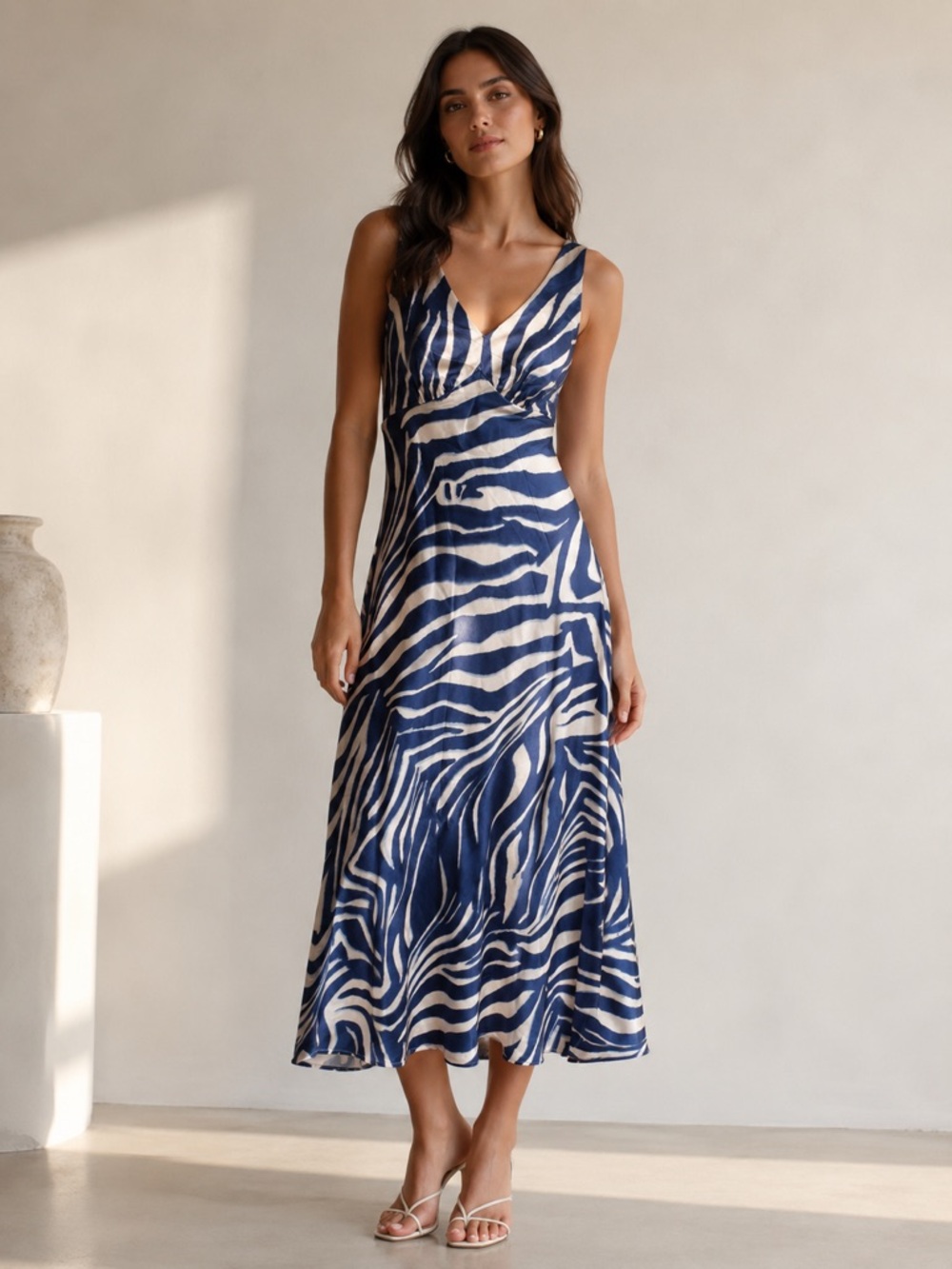 Mila Mae Sleevless Satin Slip Midi Dress in Zebra Abstract Print S